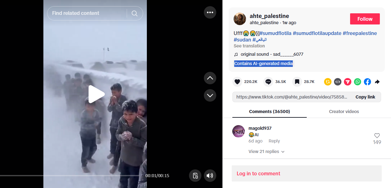 لقطة من الفيديو المنشور في حساب ahte_palestine@ في تيك توك في 20 كانون الاول 2025