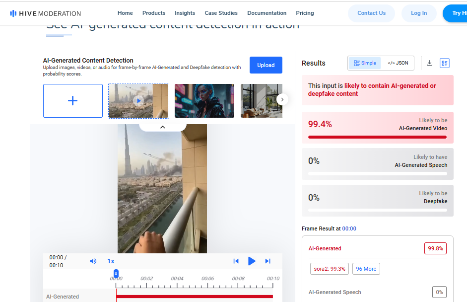 نتيجة فحص الفيديو في موقع Hive Moderation