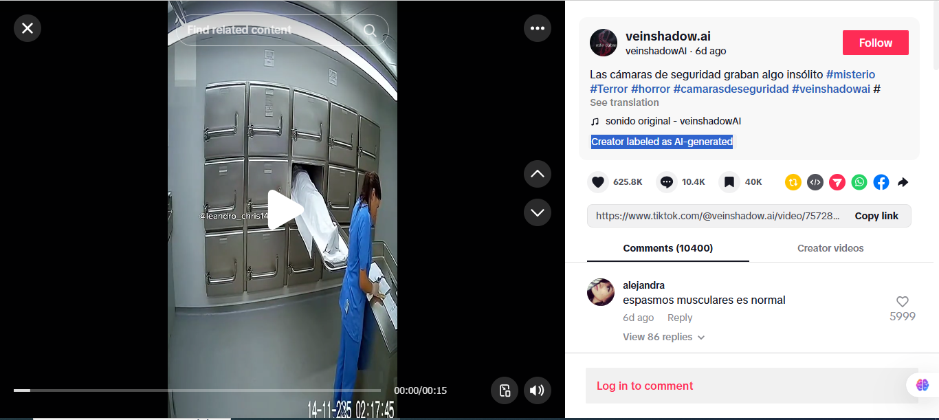 لقطة من الفيديو المنشور في حساب VeinshadowAI@ في تيك توك، في 15 تشرين الثاني 2025