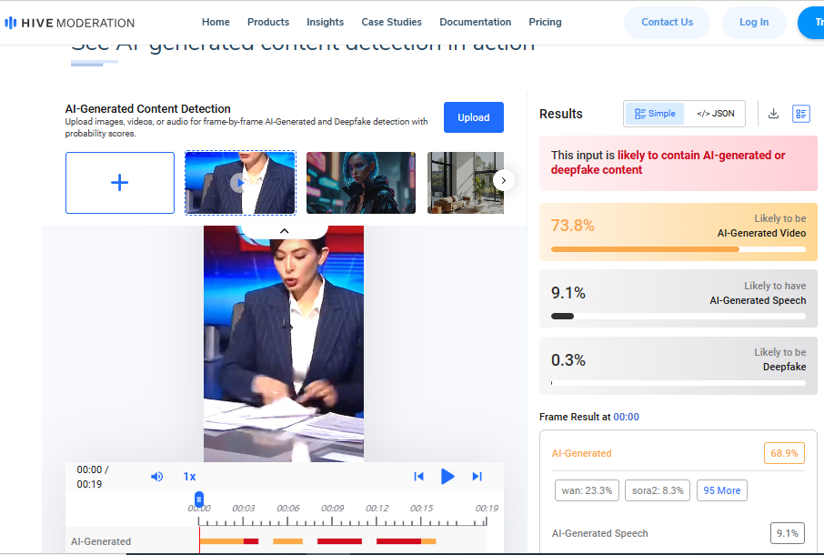 نتيجة فحص الفيديو في موقع Hive Moderation