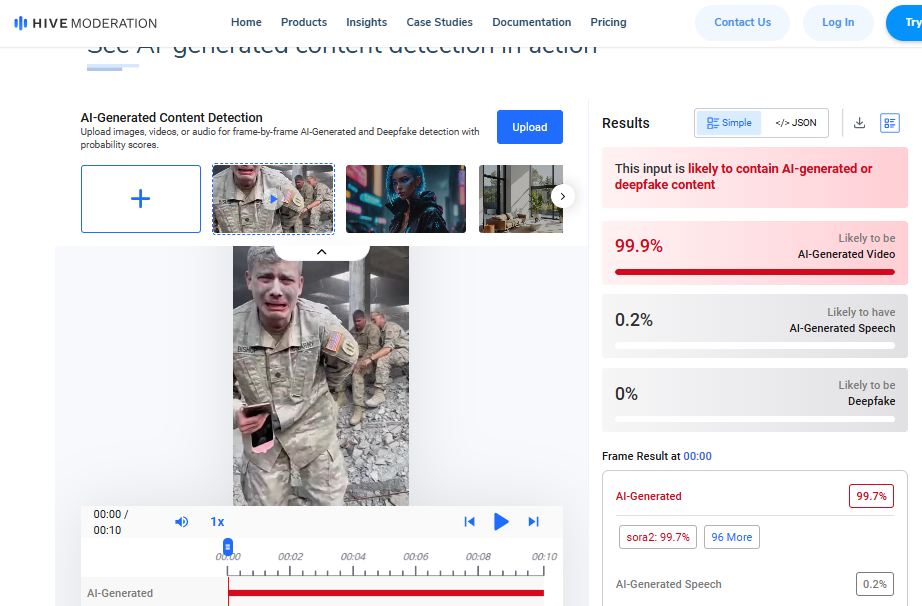 نتيجة فحص الفيديو في موقع Hive Moderation