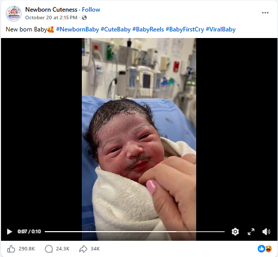 لقطة من الفيديو المنشور في صفحة Newborn Cuteness في الفايسبوك، في 20 تشرين الاول 2026 