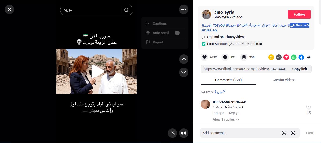 لقطة من الفيديو المنشور في حساب 3mo_syria@ في تيك توك في 26 آب 2025