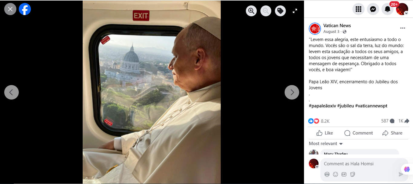 الصورة الاصلية منشورة في صفحة موقع فاتيكان نيوز في الفايسبوك، في 3 آب 2025