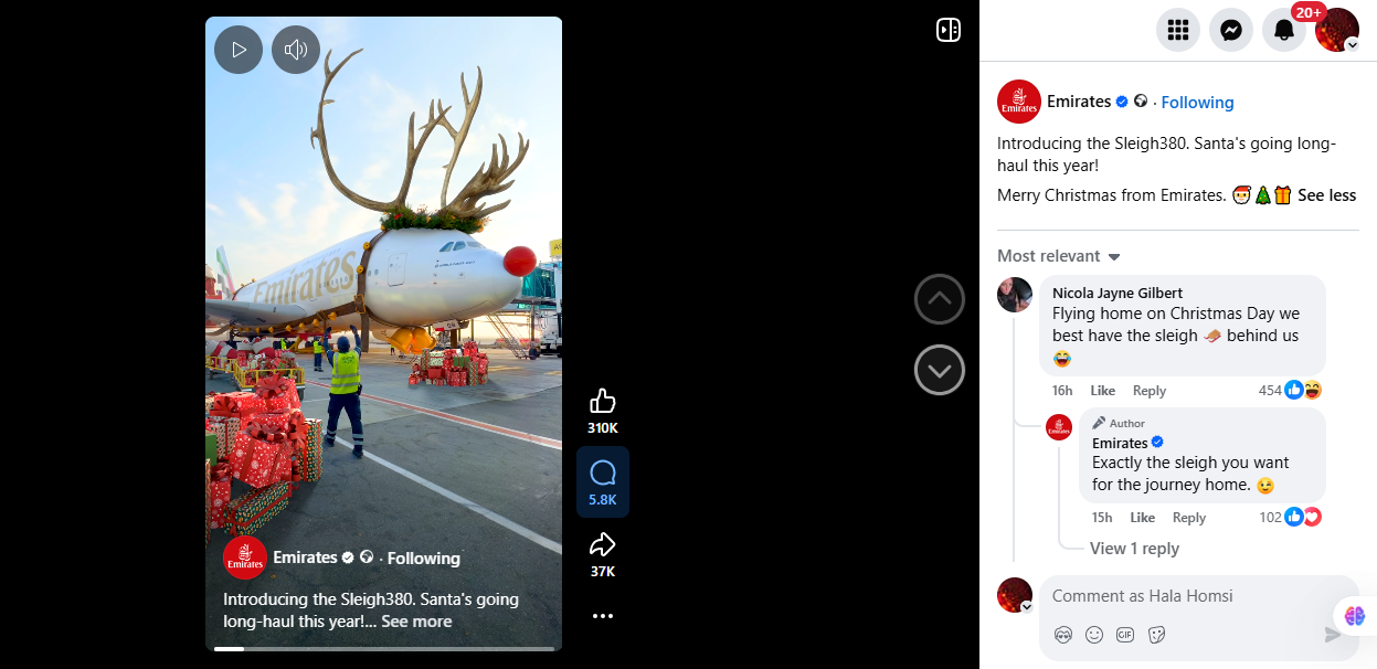 لقطة من الفيديو المنشور في صفحة طيران الامارات في الفايسبوك، في 23 كانون الاول 2025
