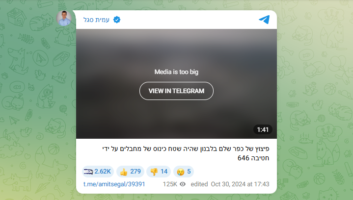 لقطة من الفيديو المنشور في أحد الحسابات في تلغرام في 30 تشرين الاول 2024