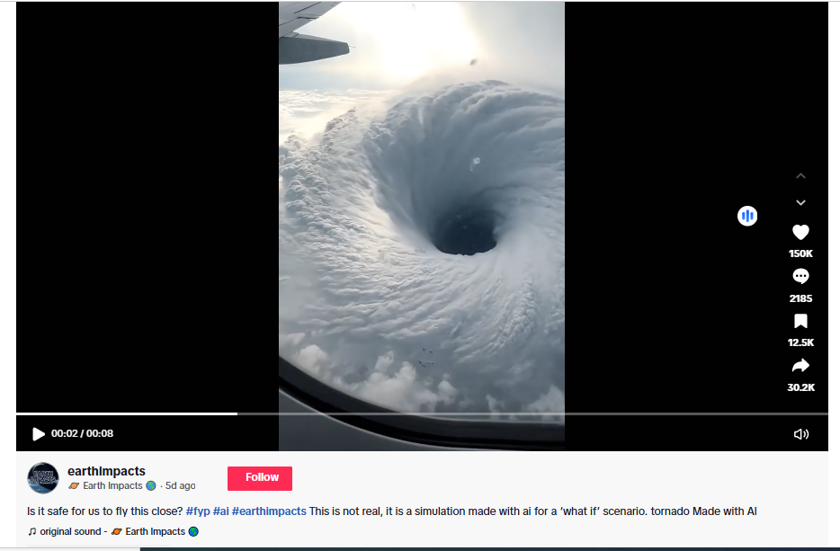 لقطة من الفيديو المنشور في حساب Earth Impacts في تيك توك، في 26 تشرين الاول 2025
