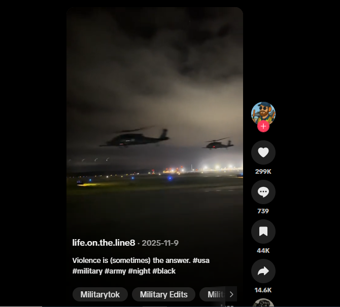 لقطة من الفيديو المنشور في حساب life.on.the.line8@ في تيك توك، في 9 تشرين الثاني 2025