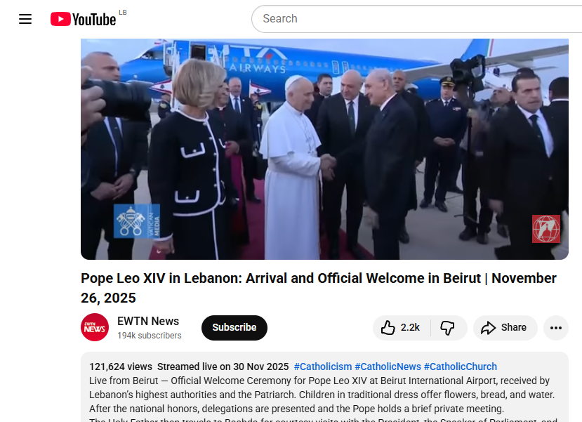 لقطة من الفيديو المنشور في حساب قناة EWTN News في يوتيوب في 30 تشرين الثاني 2025