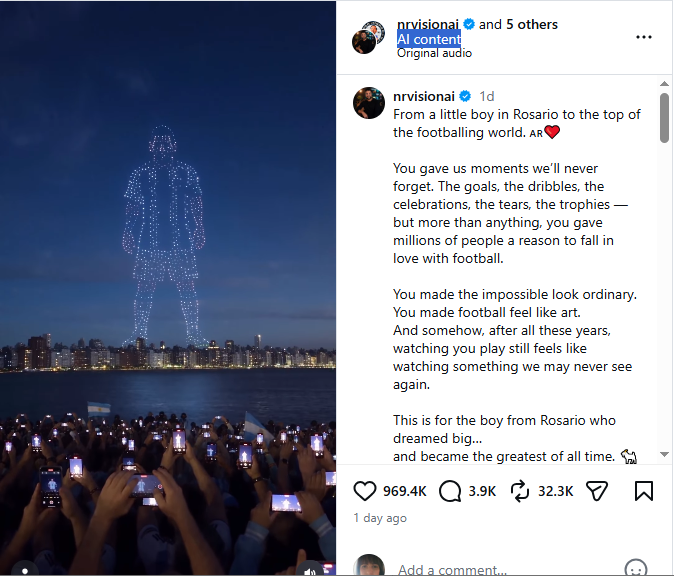 لقطة من الفيديو المنشور في حساب nrvisionai@ في انستغرام، في 6 تشرين الاول 2026. وبدت العلامة الرقمية AI Content