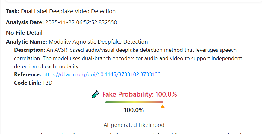 نتيجة فحص الفيديو بواسطة برنامج DeepFake-O-Meter