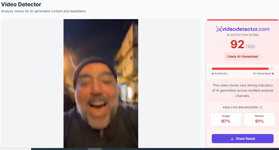 نتيجة فحص الفيديو في مواقع متخصصة بكشف التزييف