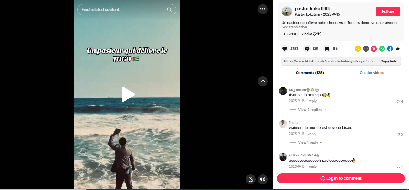 لقطة من الفيديو المنشور في حساب pastor.kokotiiiiii@ في 15 ايلول 2025