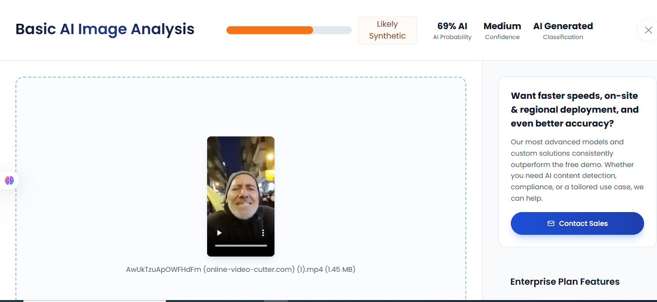 نتيجة فحص الفيديو في مواقع متخصصة بكشف التزييف
