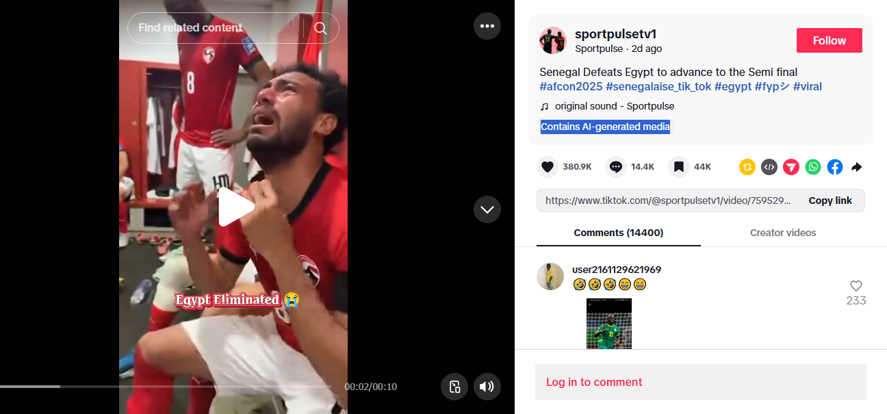 لقطة من الفيديو المنشور في حساب sportpulsetv1@ في تيك توك في 14 كانون الثاني 2026