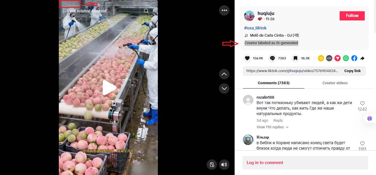 لقطة من الفيديو المنشور في حساب huqiuju@ في تيك توك في 26 تشرين الثاني 2025