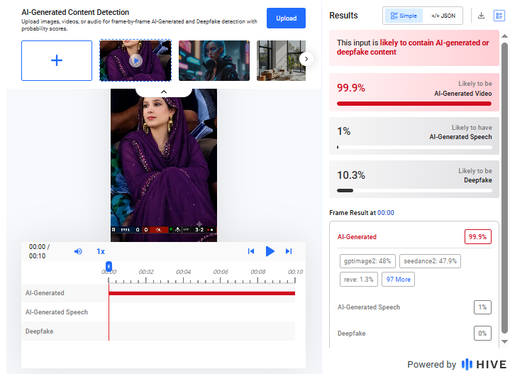 نتيجة فحص الفيديو في موقع Hive Moderation