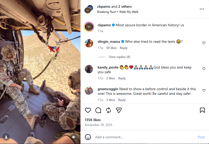 لقطة من الفيديو المنشور في حساب @cbpamo في 29 تشرين الثاني 2025 