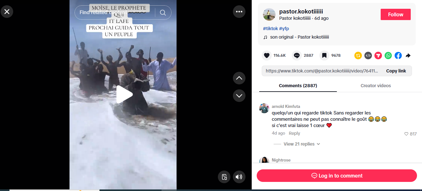 لقطة من الفيديو المنشور في حساب pastor.kokotiiiiii@ في تيك توك، في 18 ايار 2026