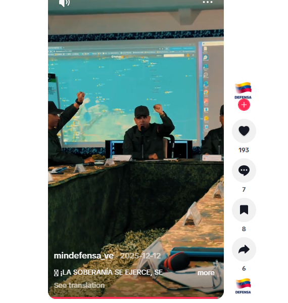لقطة من الفيديو المنشور في حساب وزارة الدفاع الفنزويلية في  تيك توك، في 12 كانون الاول 2025