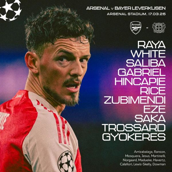 تشكيلة آرسنال الرسمية لمواجهة باير ليفركوزن.