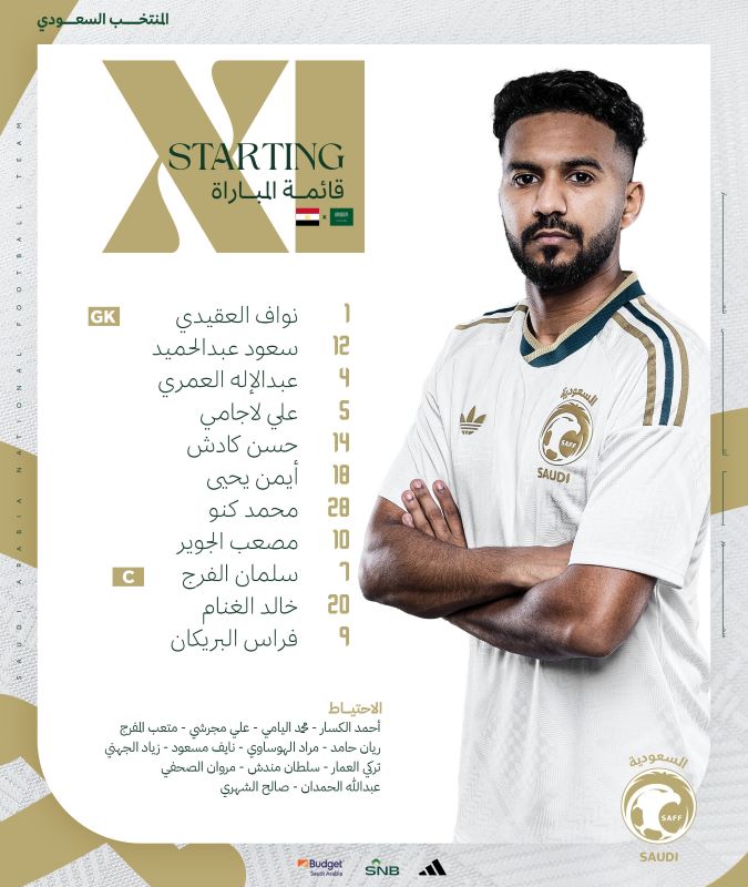 تشكيلة السعودية الرسمية لمواجهة مصر استعداداً لكأس العالم 2026.