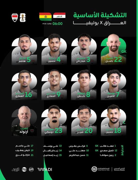 تشكيلة العراق الرسمية لمواجهة بوليفيا في الملحق العالمي المؤهل إلى كأس العالم 2026.