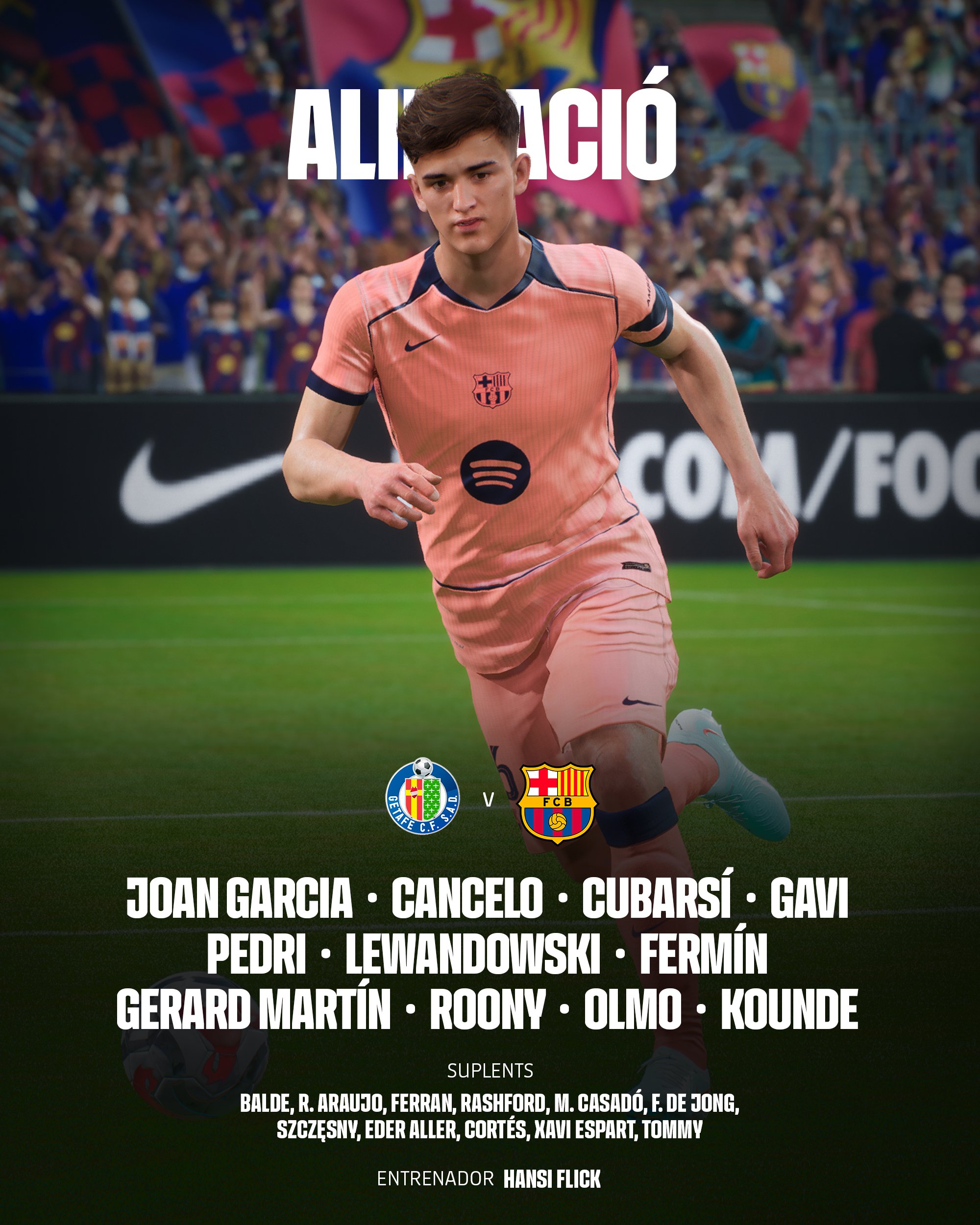 تشكيلة برشلونة لمواجهة خيتافي. (حساب برشلونة على إكس)