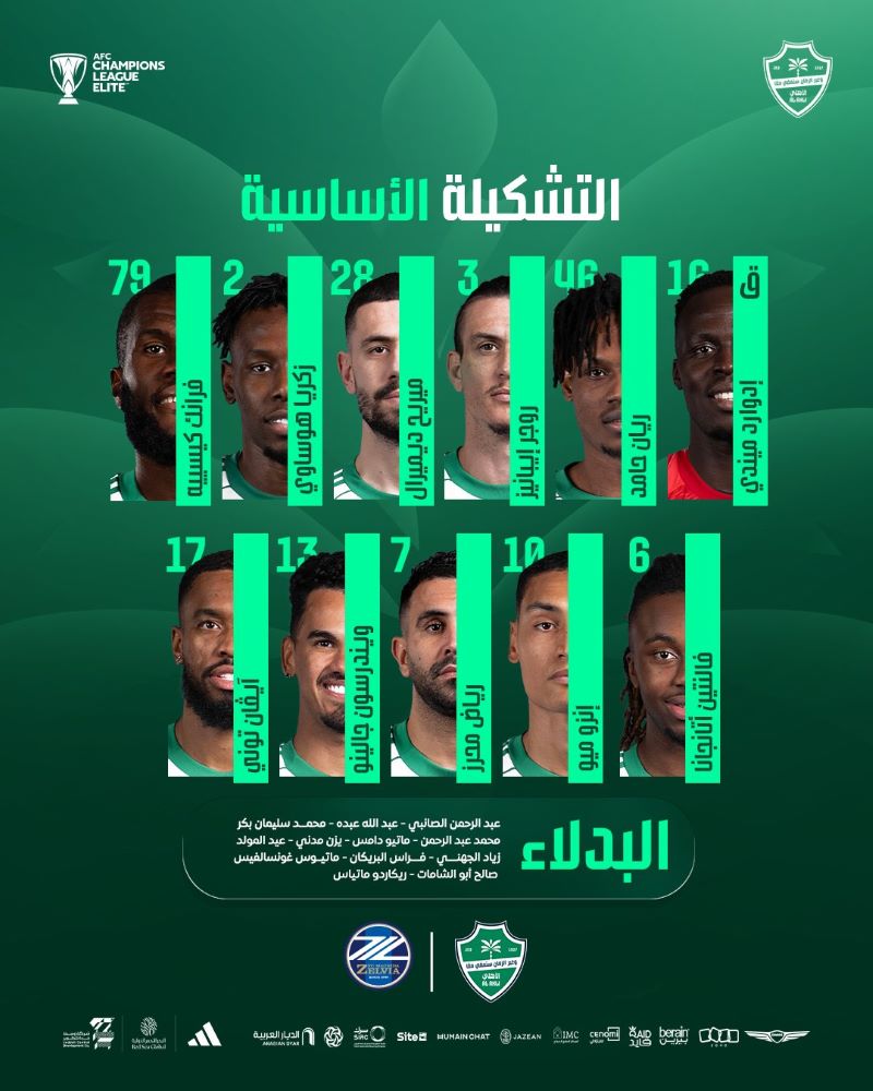 تشكيلة الأهلي السعودي الرسمية في نهائي دوري أبطال آسيا للنخبة.