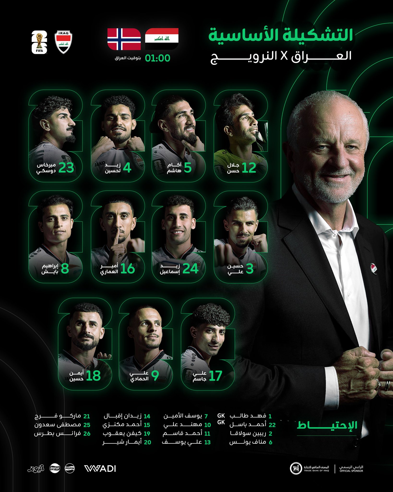 تشكيلة العراق لمواجهة النرويج في كأس العالم 2026. (إكس)