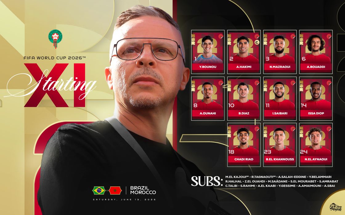 تشكيلة المغرب لمواجهة البرازيل في كأس العالم 2026. (حساب الاتحاد المغربي على إكس)