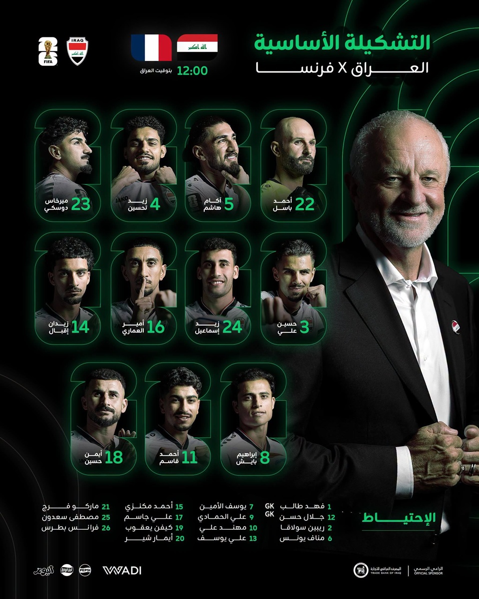 تشكيلة العراق لمواجهة فرنسا في كأس العالم 2026.