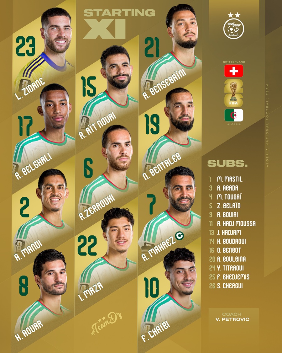 تشكيلة الجزائر لمواجهة سويسرا في دور الـ32 لكأس العالم 2026.