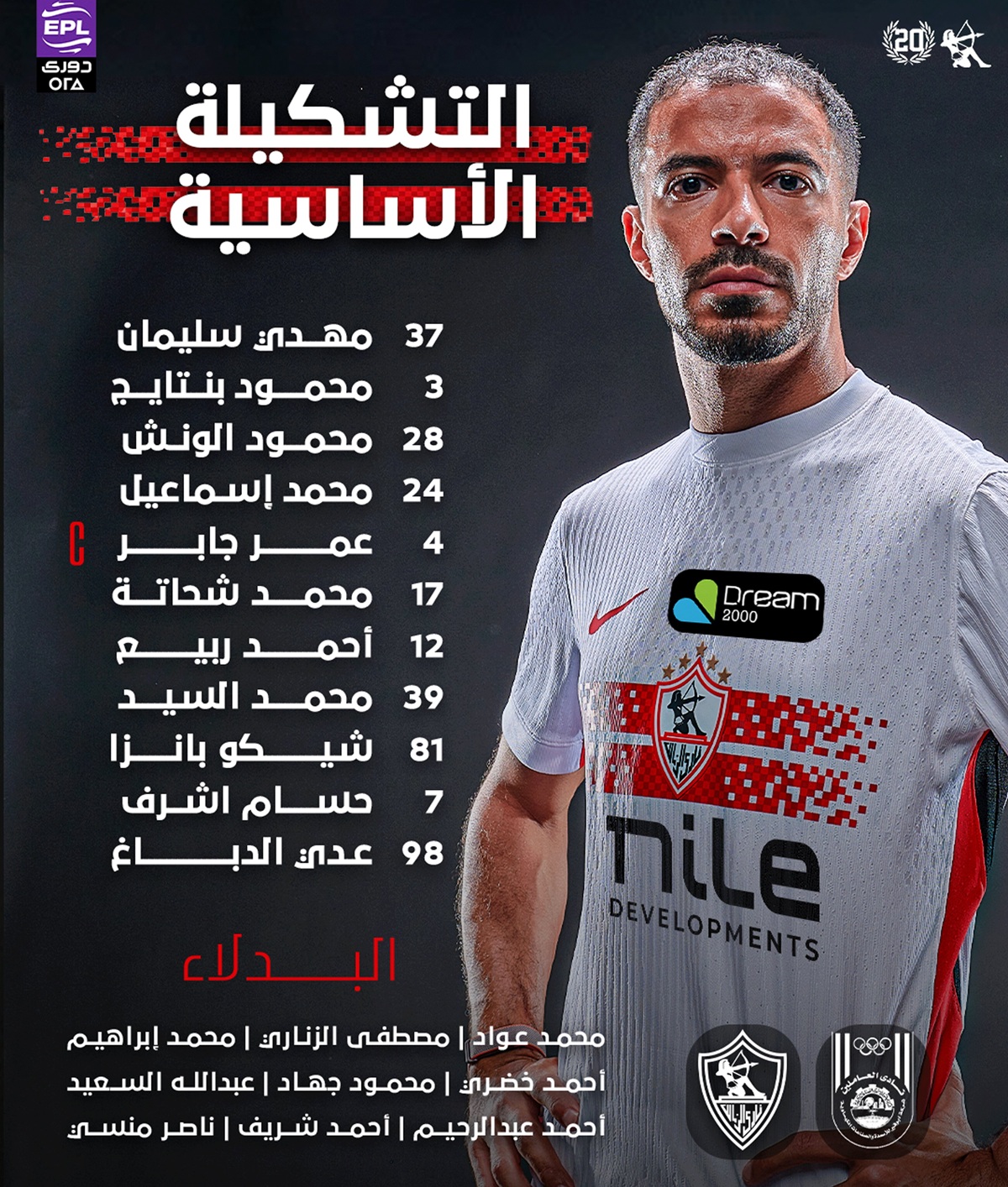 تشكيلة الزمالك لمواجهة أبو قير للأسمدة في الدوري المصري. (حساب الزمالك على إكس)