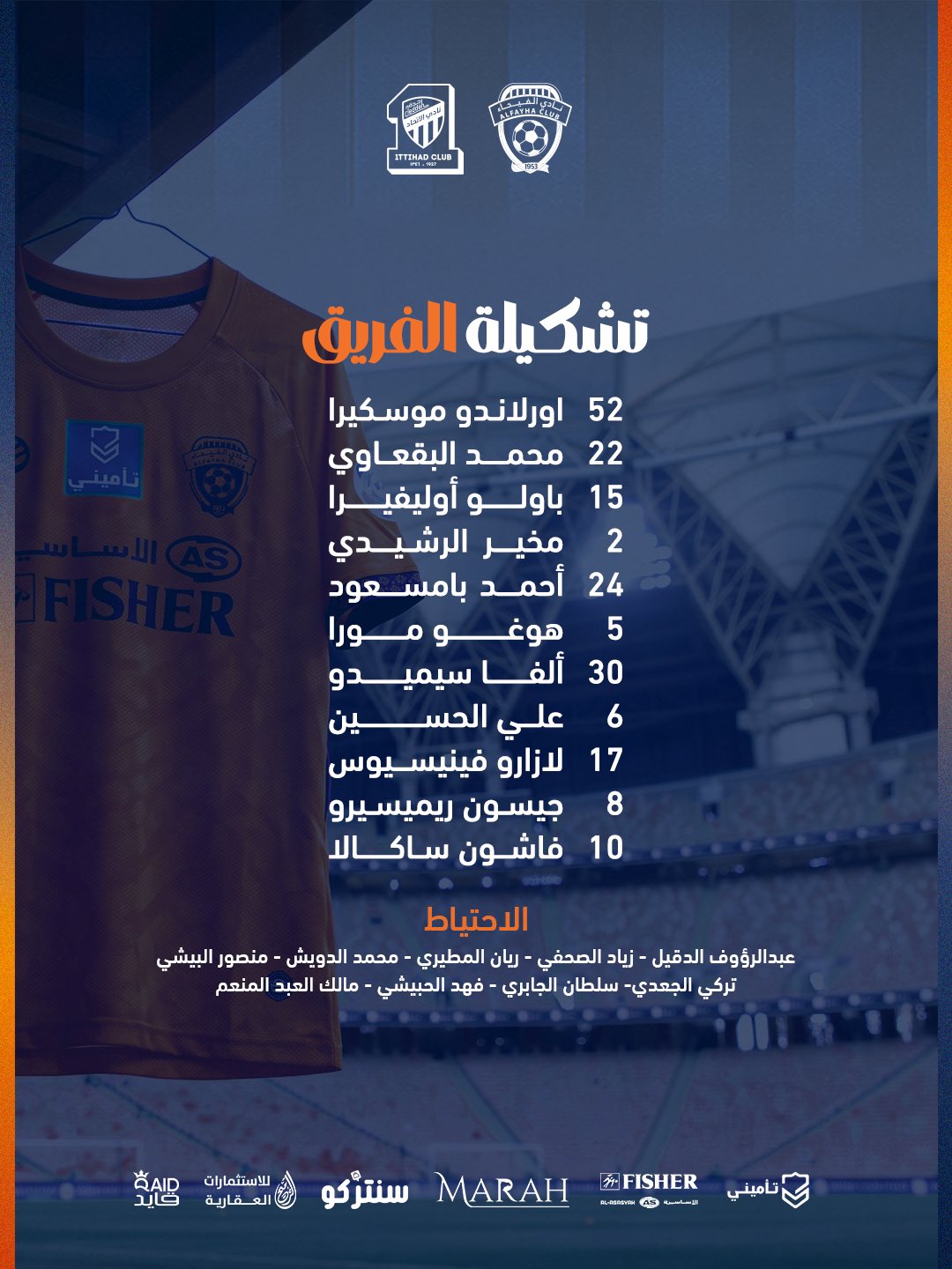 تشكيلة الفيحاء لمواجهة الاتحاد في الدوري السعودي. (حساب الفيحاء على إكس)