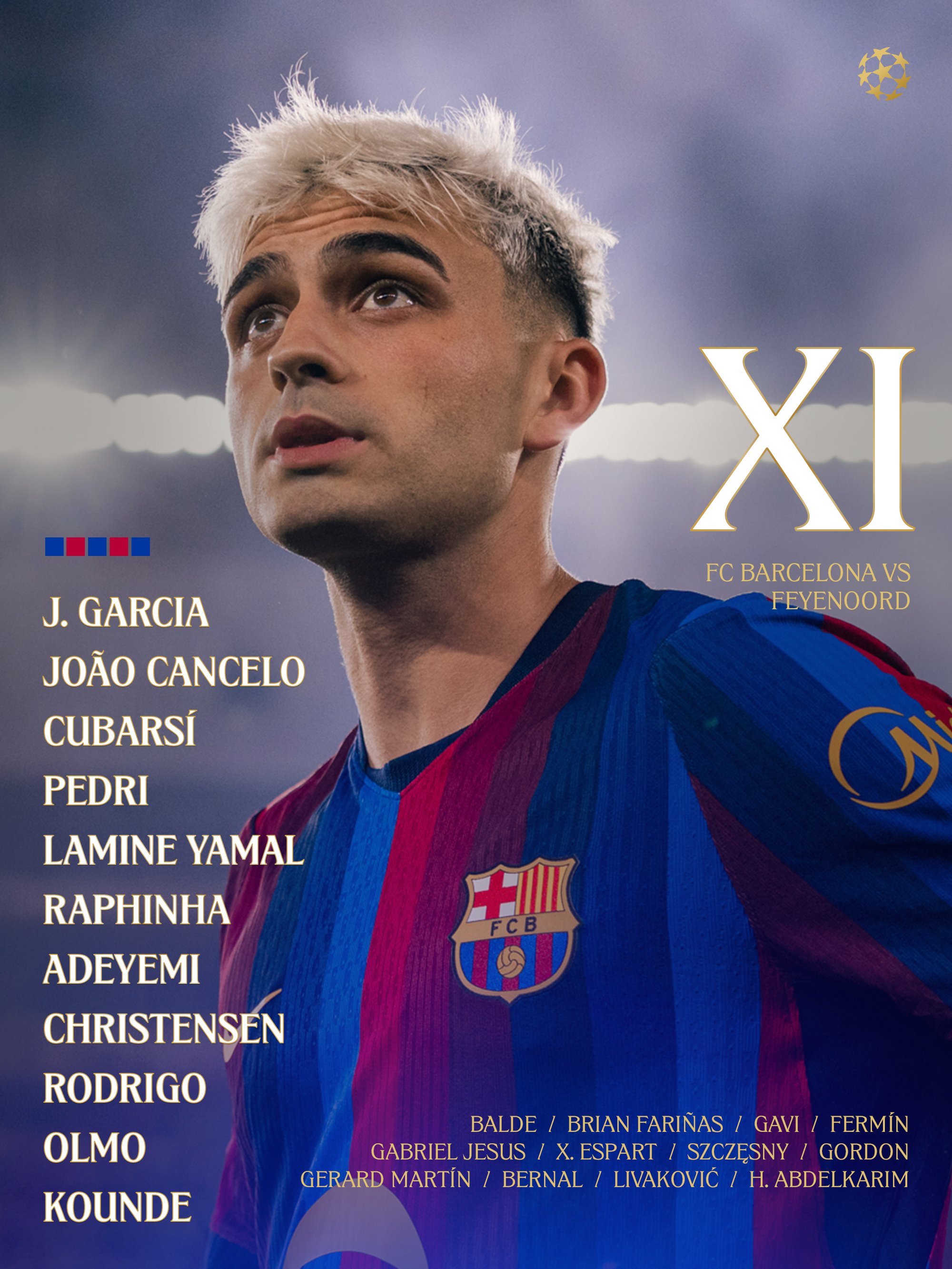 تشكيلة برشلونة لمواجهة فينورد في دوري أبطال أوروبا. (حساب برشلونة على إكس)