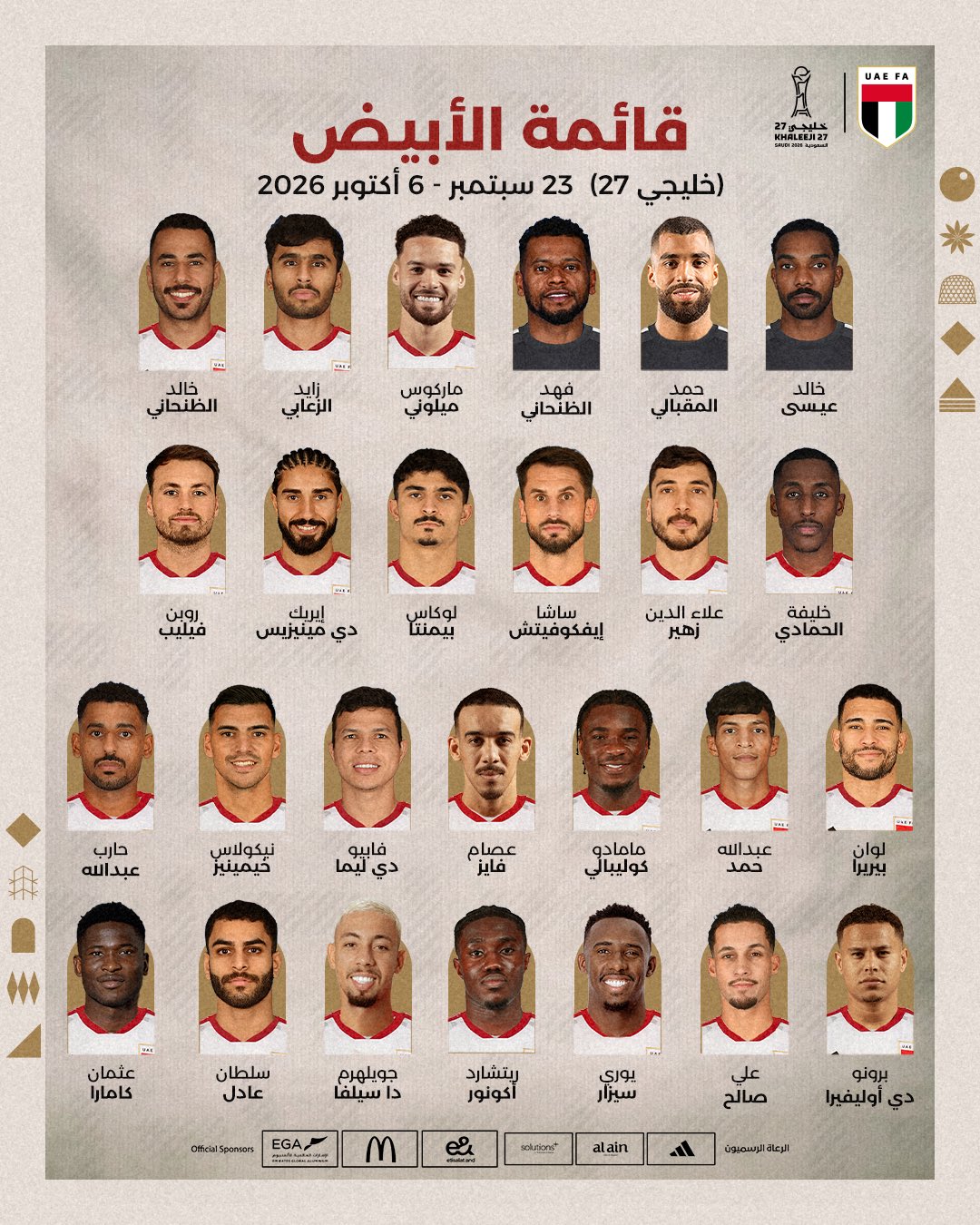 قائمة الإمارات لكأس الخليج الـ27 في السعودية. (حساب المنتخب الإماراتي على إكس)