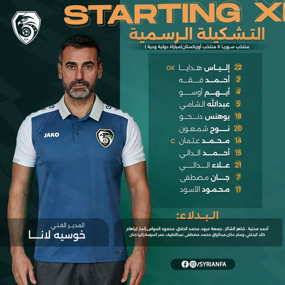 تشكيلة سوريا لمواجهة أوزبكستان ودياً.