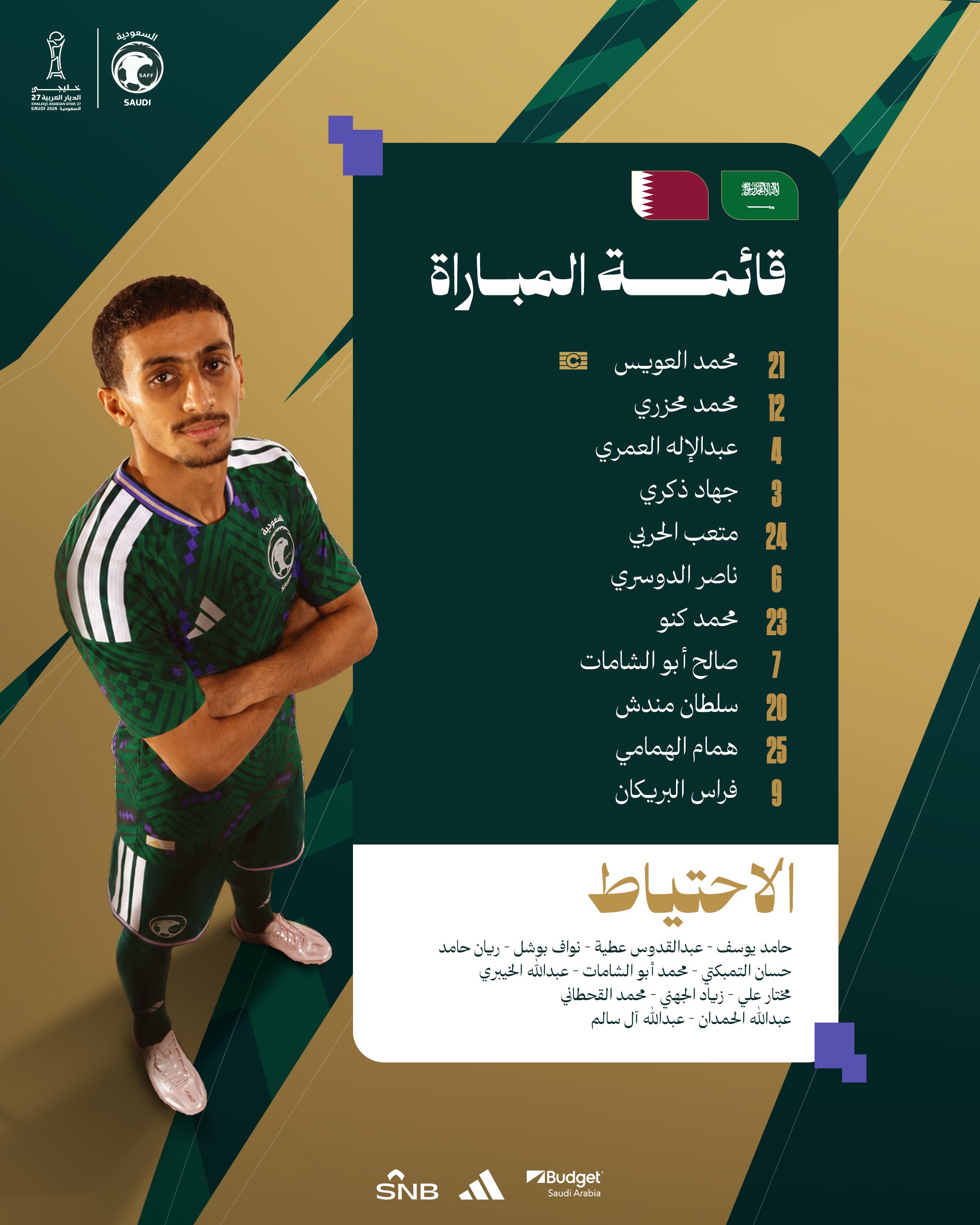 تشكيلة السعودية لمواجهة قطر في خليجي 27.