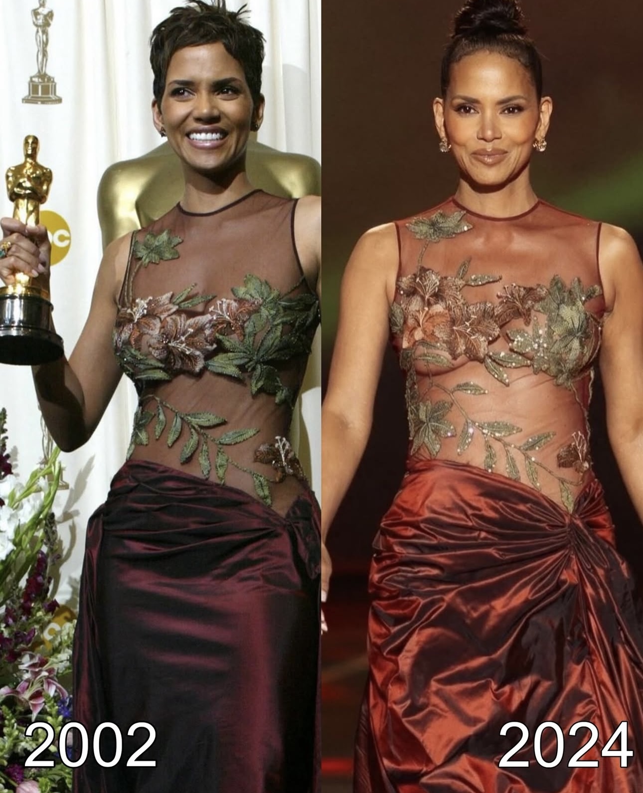 صورة مقارنة لهالي بيري بفستان إيلي صعب بعد 22 عاماً (إنستغرام)