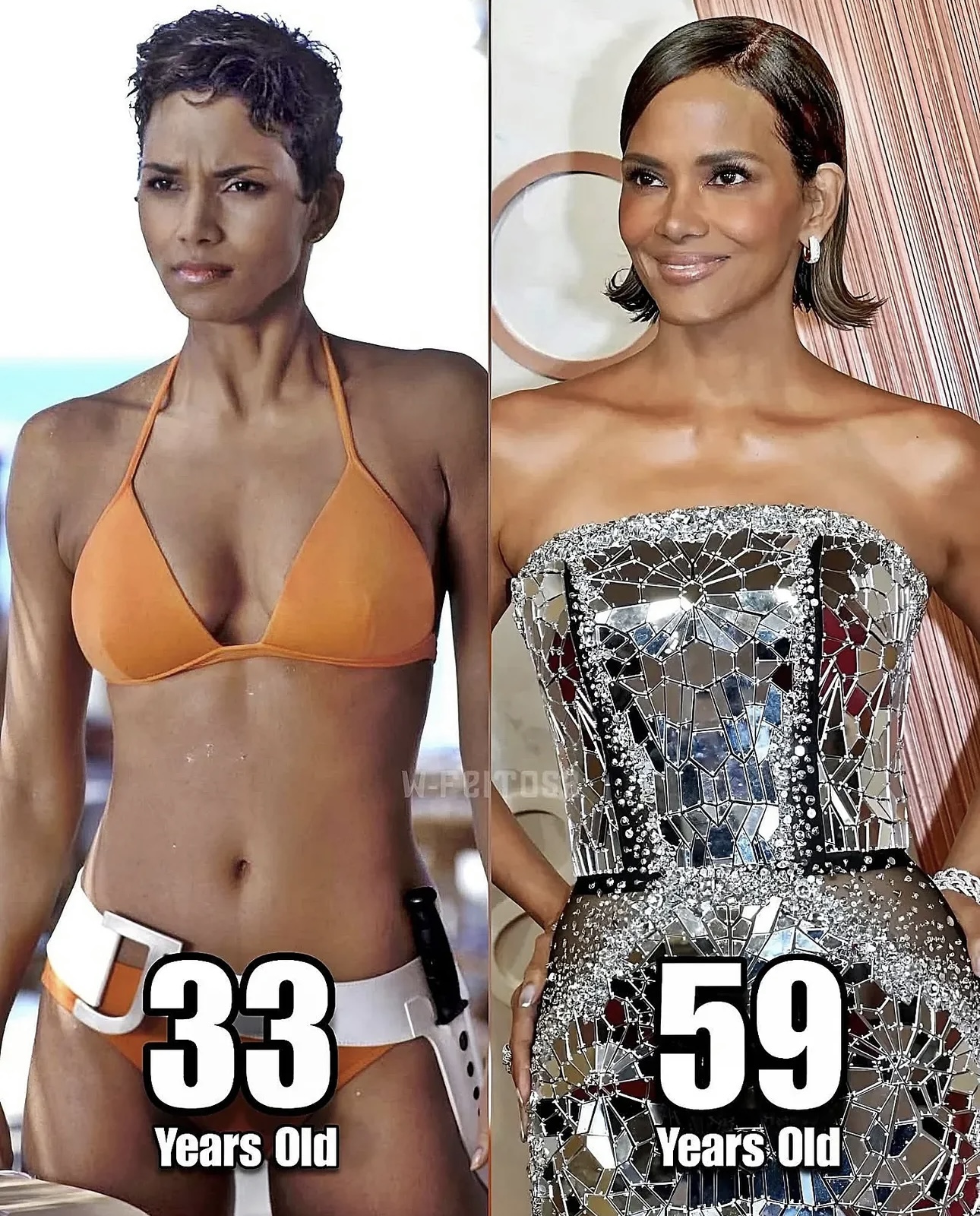 هالي بيري في صورة تقارن شكلها في عمر 33 و59 (إنستغرام)