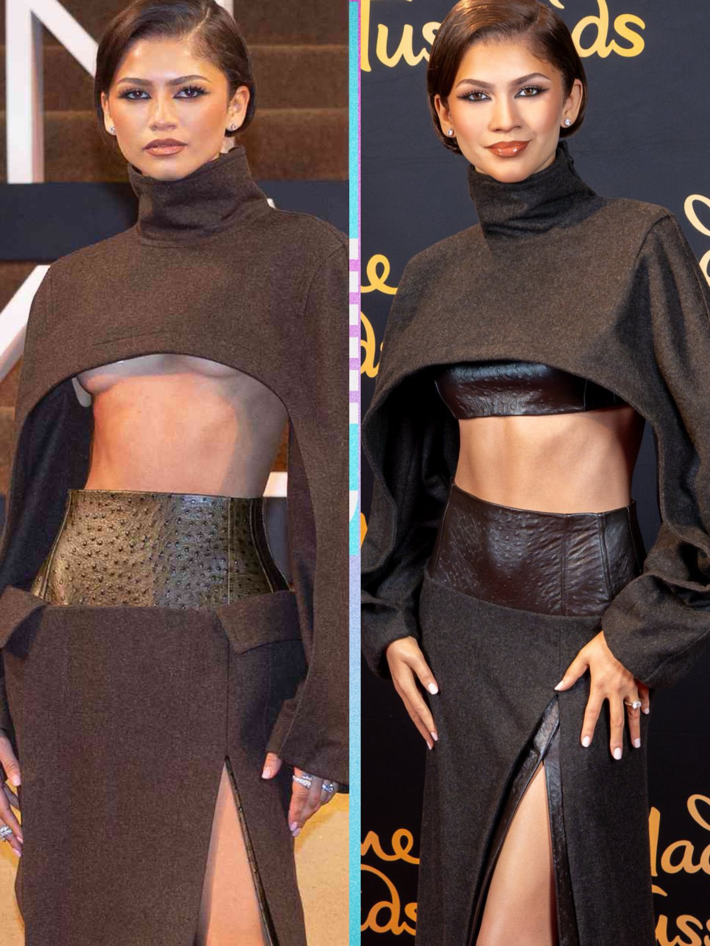 صورة تُظهر مقارنة دقيقة بين التمثال الشمعيّ وزندايا في الصورة الواقعيّة (إنستغرام)