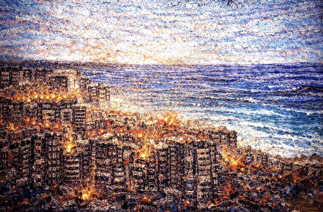 لوحة تحاكي نار الغارات الإسرائيلية على بيروت للفنانة راوية غندور زنتوت