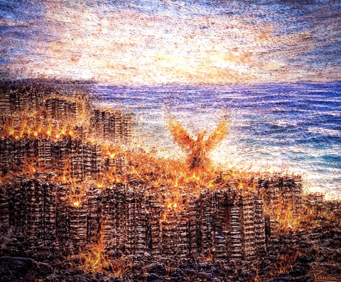 لوحة تحاكي نار الغارات الإسرائيلية على بيروت للفنانة راوية غندور زنتوت