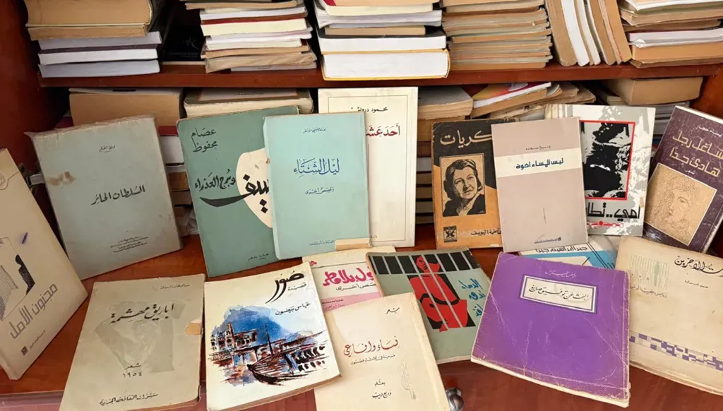 In the library of poet Nazem Al-Sayyid, there are rare books, including first editions from publishing houses that no longer exist.