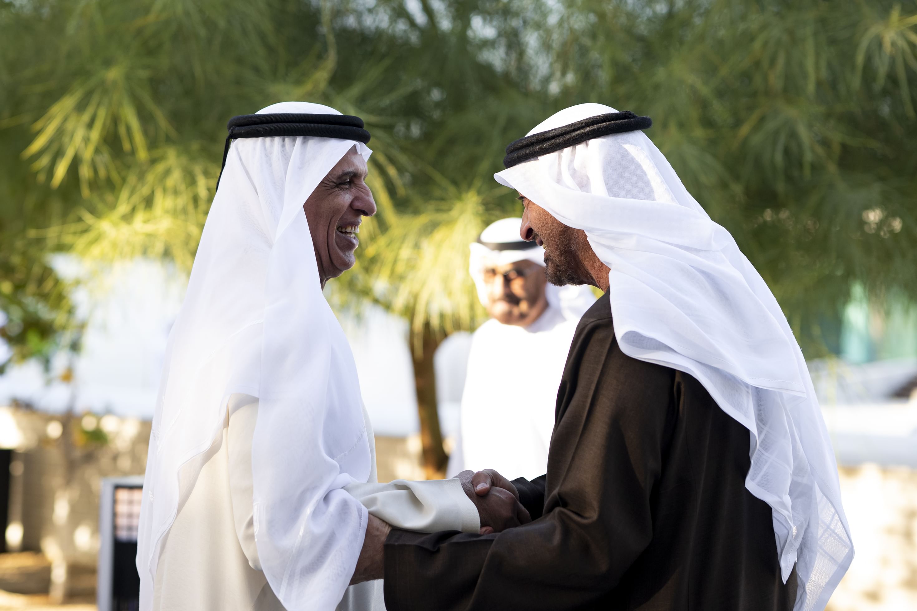 الرئيس الإماراتي محمد بن زايد آل نهيان في استقبال عضو المجلس الأعلى وحاكم رأس الخيمة سعود بن صقر القاسمي (وام)
