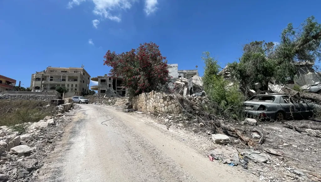 الطريق إلى بلدة زوطر الغربية من جهة قعقعية الجسر: الطرقات مجرّفة والمنازل مدمّرة (الصورة: أحمد منتش)