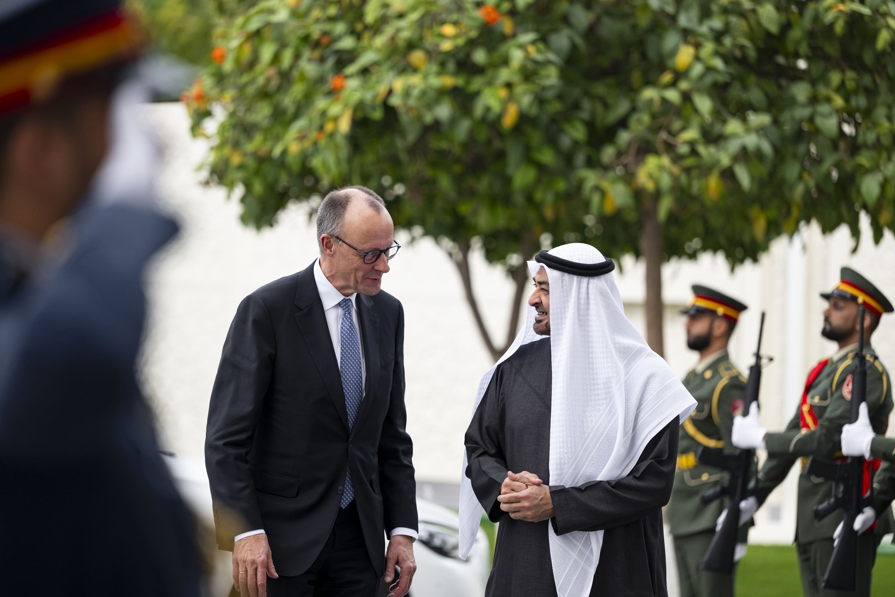 محمد بن زايد آل نهيان وفريدريش ميرس خلال الاستقبال (وام)
