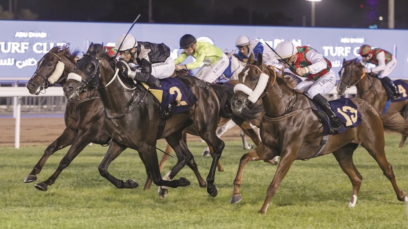 مشاركون في سباق للخيل بمضمار نادي أبوظبي للفروسية. (وام)