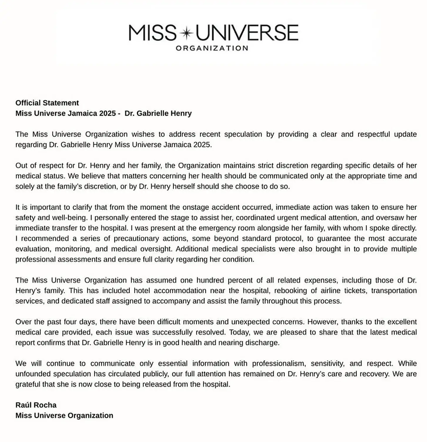البيان الرسمي بشأن ملكة جمال جامايكا غابرييل هنري (إنستغرام).